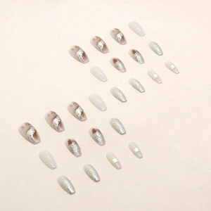 Silver glitter and marble ombre ballerina press-on nails in medium length ballet style