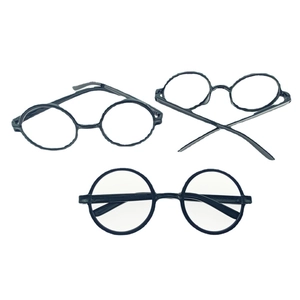 Three pairs of black round plastic spectacle frames for Halloween party props