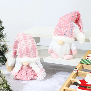 Pink and white sequin knit hat Christmas gnome figurines for festive holiday home decor