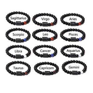 12 Zodiac Constellation Glass Beaded Bracelet For Men Women Elastic Natural Stone Look Tiger Eye Beads Healing Jewelry Gift