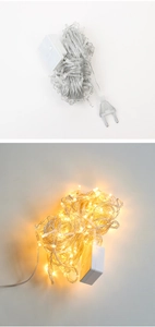 Detail showing unlit and warm white glowing LED string lights with EU plug power cord