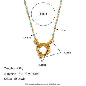 18K gold plated stainless steel bohemian necklace with light blue beads and spring clasp