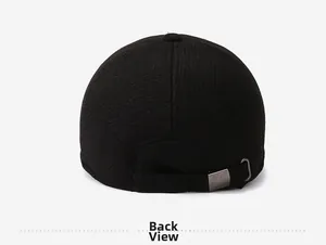 Back view of black winter baseball cap showing premium metal buckle and thick fabric