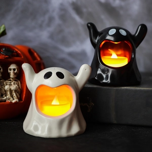 Ghost LED Candle Lamp Halloween Decoration Plastic Electronic Spooky Desktop Ornament For Party Spooky Black And White