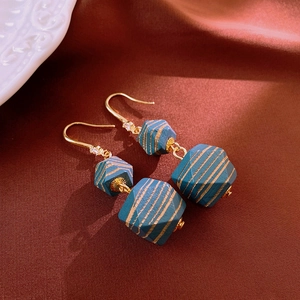 Geometric Ear Hook Earrings With Blue Gold Striped Wood Beads And Zircon In Copper For Women Elegant Retro Jewelry