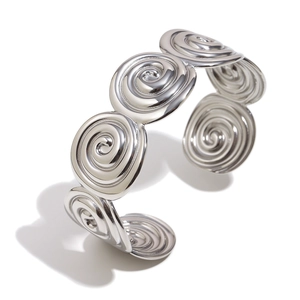 Elegant silver-tone stainless steel open bangle featuring a unique spiral geometric texture