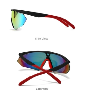 Side and back view of aviator sports sunglasses with rainbow polarized lenses and red frame