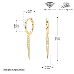 Detailed view of 925 sterling silver hoop earrings with 5A zircon cone pendant with measurements