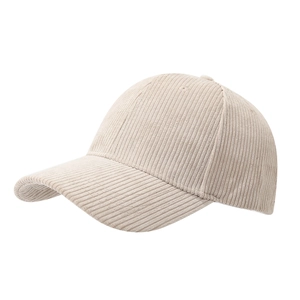 Detail of vintage beige corduroy fabric texture and stitching on a curved baseball cap