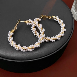 French vintage pearl wrapped gold hoop earrings with elegant twisted metal design