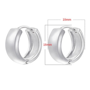 Detailed view of polished silver huggie hoop earrings with 18mm outer diameter size mark