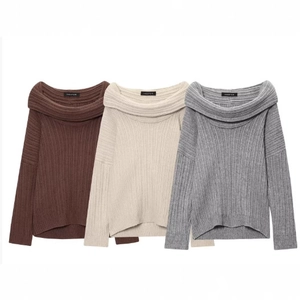 Women Off Shoulder Ribbed Knit Sweater Long Sleeve Solid Color Loose Pullover Polyester Acrylic Elegant Top