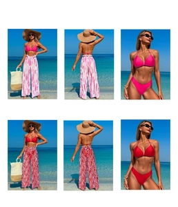 Detailed views of a three-piece swimwear set with bikini top and printed wide-leg pants
