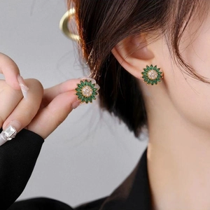 Elegant gold flower earrings with green marquise gems and white zircon inlay for women