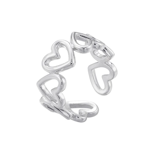 Macro view of adjustable silver ring featuring a continuous hollow heart-shaped band design