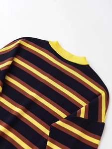 Detailed close-up of the ribbed neckline and navy, brown, yellow striped knit texture