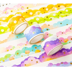 Detail of dreamy cloud washi tape showing cartoon bears, stars, and colorful floral patterns