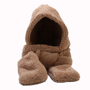 Winter warm 3-in-1 hooded scarf in thick dark brown teddy fleece for men and women