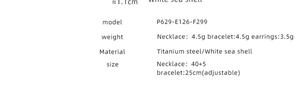Detailed size and weight specs for titanium steel white shell heart jewelry set