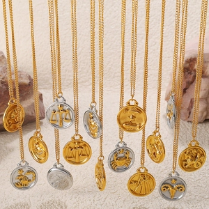 French vintage 18K gold plated stainless steel 12 zodiac embossed round pendant necklace