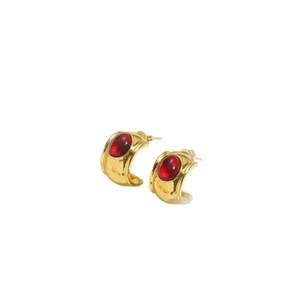 Vintage gold hammered flower earrings with oval deep red zircon stones for women
