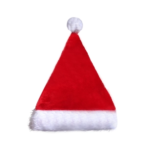 Red plush LED glowing Christmas hat with white faux fur trim and fluffy pompom on white background
