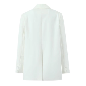Back view of classic white blazer featuring tailored seams and buttoned sleeve cuffs