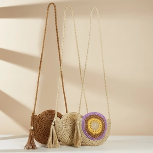Round Straw Woven Crossbody Bag With Tassel And Wood Beads Summer Beach Holiday Bohemian Style Pastoral Handwoven