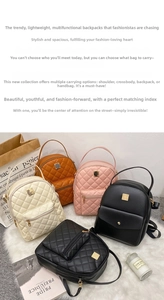 Detailed view of mini PU leather backpacks in four colors showing versatile carrying ways