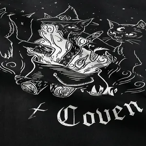 Black cotton cat coven tapestry with gothic moon and star screen printed design