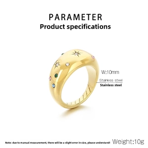 Detailed parameter view of a 10mm wide gold stainless steel ring with colorful zircons