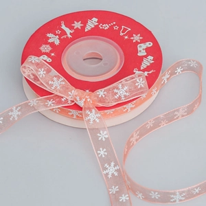1cm Christmas snowflake sheer ribbon in pink organza for festive gift wrapping and DIY crafts