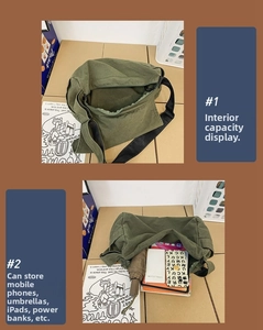 Detailed internal view of an olive canvas tote showing spacious multi-pocket storage
