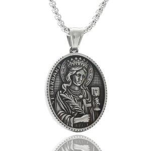 Detail view of St. Barbara relief on silver stainless steel oval pendant necklace