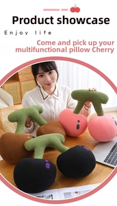 Three colors of soft cherry plush pillows shown in a cozy home setting for kids