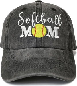 Close-up of Softball MOM white embroidery on dark gray washed cotton baseball cap