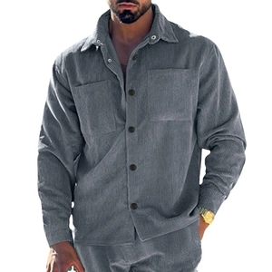 Men's dark grey corduroy long sleeve shirt and trousers set with multi-pocket design