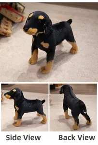 Detailed multi-angle views of a realistic black Rottweiler plush toy in a cozy home setting