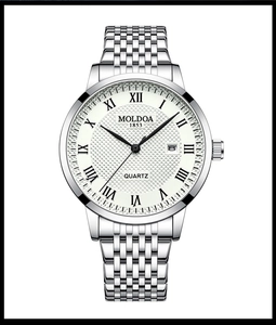 Detail of silver steel quartz watch featuring white textured dial and Roman numerals