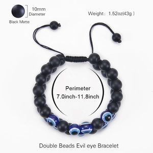 10mm matte black stone beads double-layer evil eye bracelet with adjustable cord