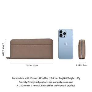 Brown litchi texture long wallet with zipper closure and dimensions 20cm x 9.5cm x 3cm