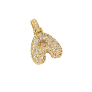 Gold plated copper pendant shaped as letter A with pave set clear cubic zirconia stones