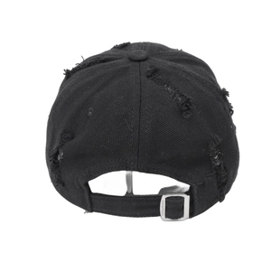 Black washed cotton baseball cap with distressed details and adjustable metal buckle back