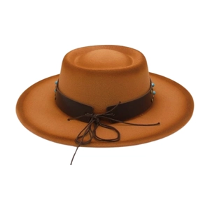 Detailed view of brown felt fedora hat with turquoise beaded leather band decoration