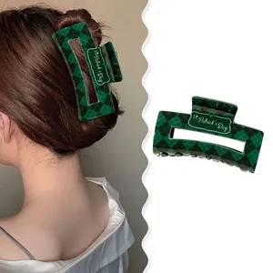 St. Patrick's Day green plaid hair claw clip for women with festive text engraving