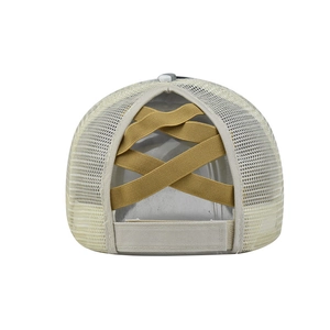 Women's plaid mesh baseball cap with high ponytail criss-cross elastic opening in beige