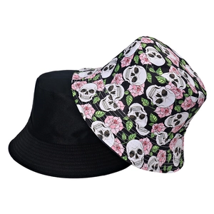 Skull and floral print bucket hat set in black cotton fabric for street style fashion