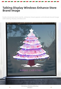 Pink gradient Christmas tree window sticker with snow patterns and Merry Christmas text