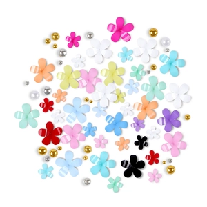 Flat lay of colorful 3D resin five-petal flowers and metallic beads for nail art DIY