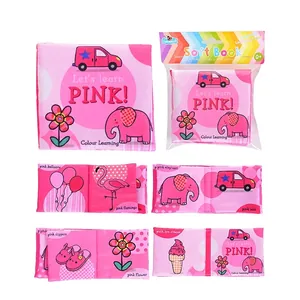 Detailed inner pages of pink series soft cloth book featuring animal and color learning